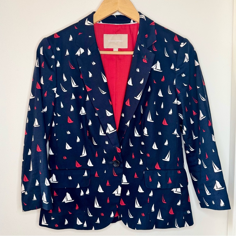 Banana Republic Sailboat Print Navy & Red Blazer Women’s 6 Nautical Preppy EUC